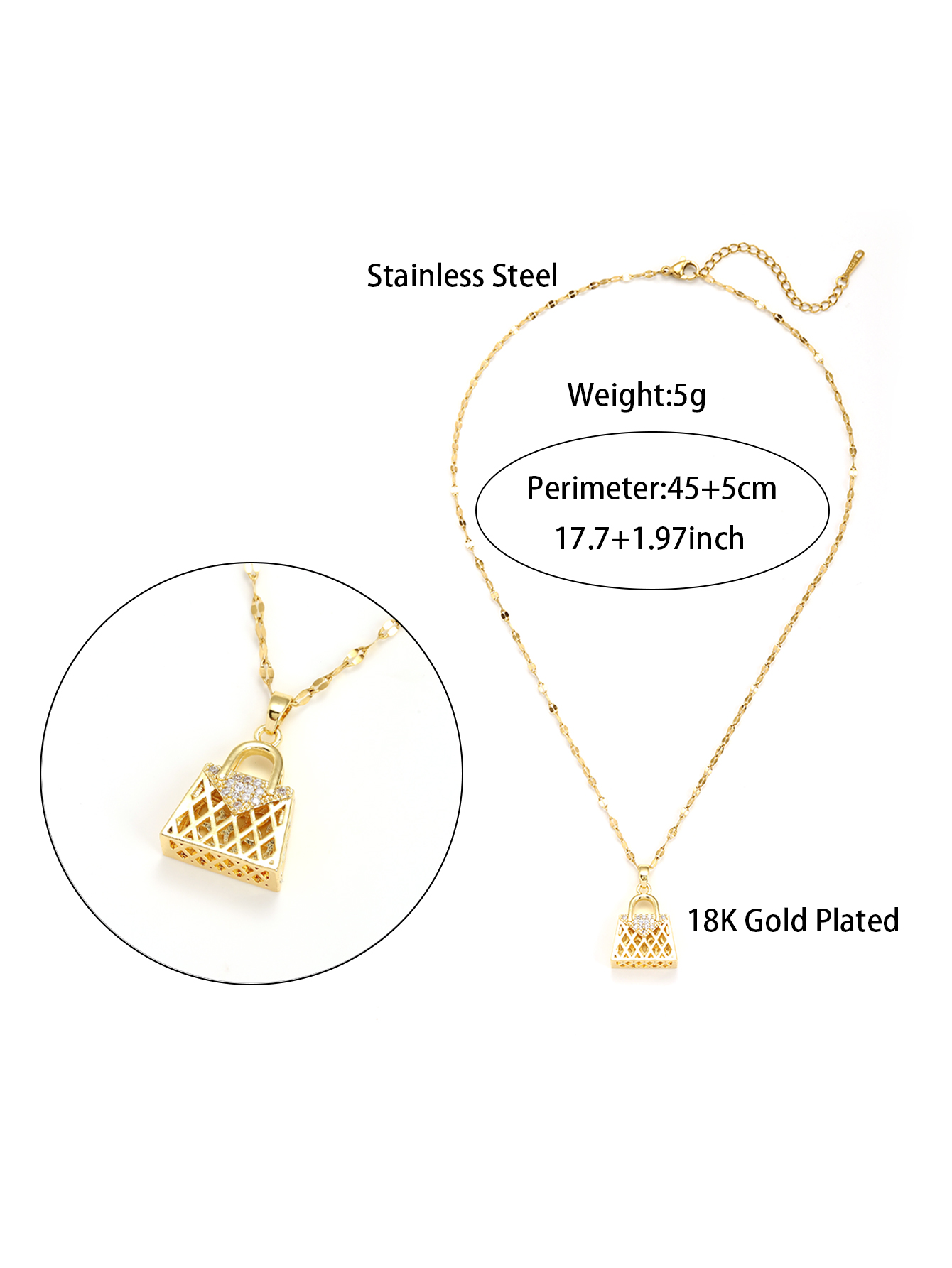 Elegant Bag Stainless Steel Inlay Zircon 18k Gold Plated Pendant Necklace display picture 1