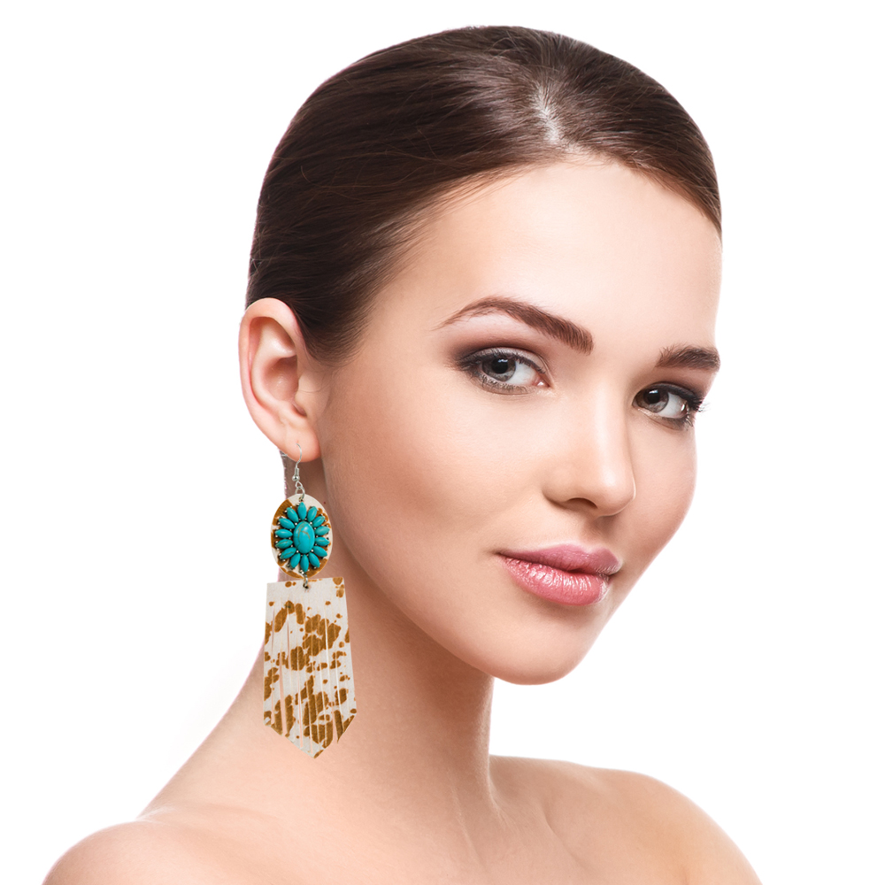 1 Pair Elegant Retro Flower Leopard Inlay Pu Leather Alloy Turquoise Turquoise Silver Plated Drop Earrings display picture 3
