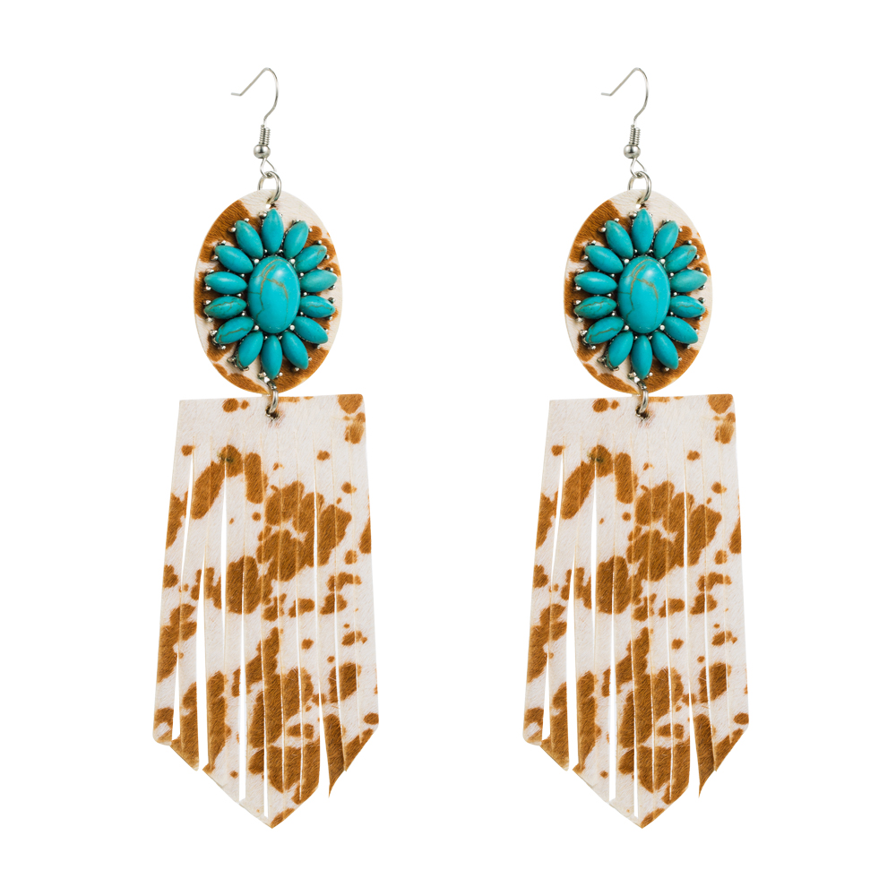 1 Pair Elegant Retro Flower Leopard Inlay Pu Leather Alloy Turquoise Turquoise Silver Plated Drop Earrings display picture 7