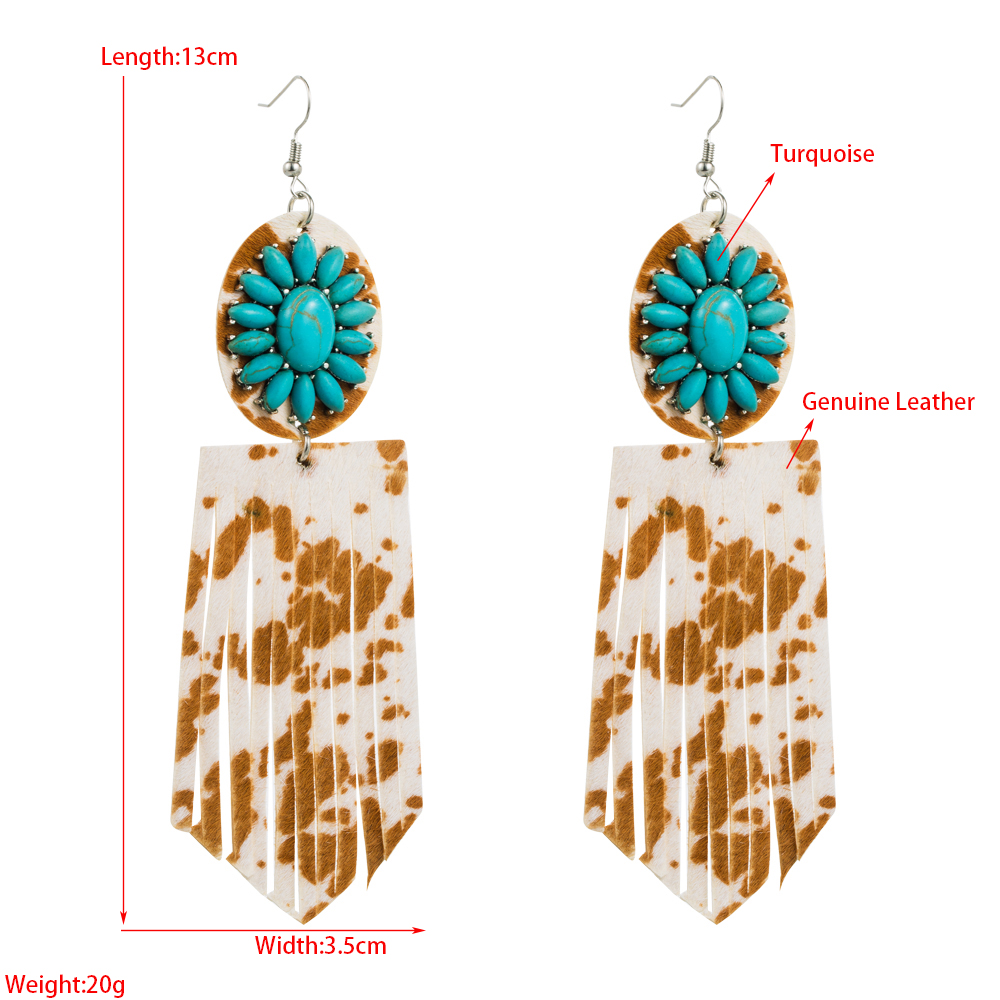 1 Pair Elegant Retro Flower Leopard Inlay Pu Leather Alloy Turquoise Turquoise Silver Plated Drop Earrings display picture 1