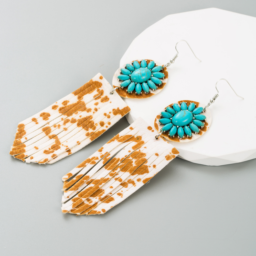 1 Pair Elegant Retro Flower Leopard Inlay Pu Leather Alloy Turquoise Turquoise Silver Plated Drop Earrings display picture 5