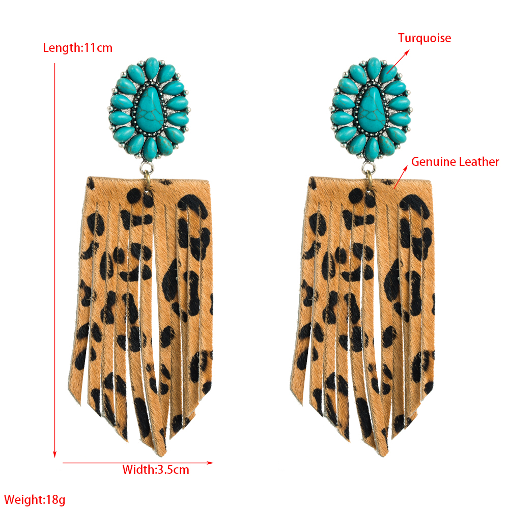 1 Pair Elegant Retro Leopard Inlay Pu Leather Alloy Turquoise Drop Earrings display picture 1