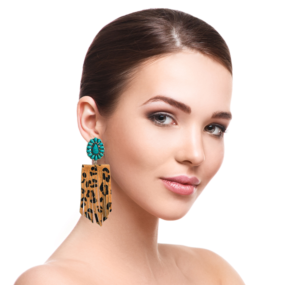 1 Pair Elegant Retro Leopard Inlay Pu Leather Alloy Turquoise Drop Earrings display picture 3