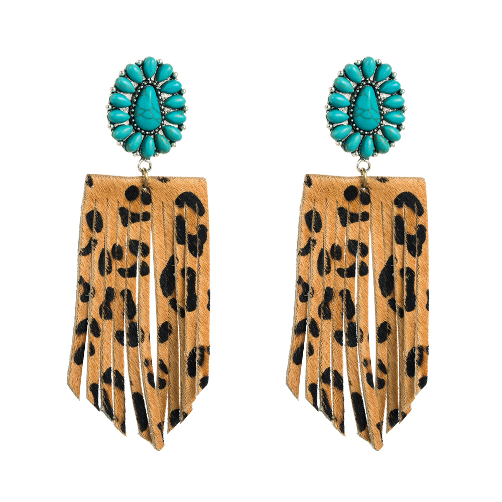 1 Pair Elegant Retro Leopard Inlay Pu Leather Alloy Turquoise Drop Earrings display picture 8