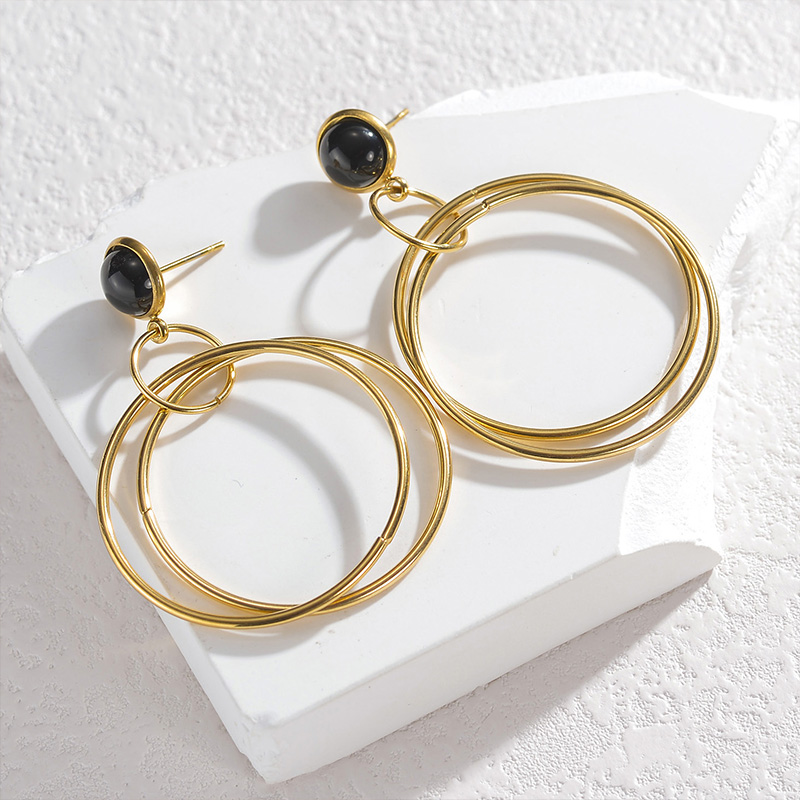 1 Pair Retro Simple Style Round Polishing Plating 304 Stainless Steel Black Natural Stone 18K Gold Plated Drop Earrings display picture 2