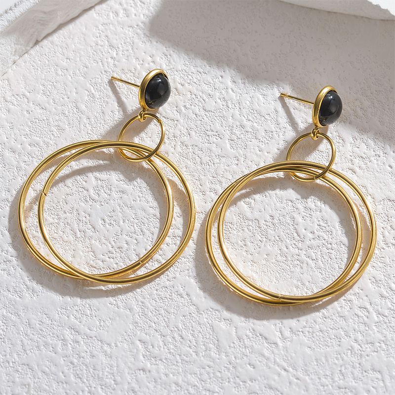 1 Pair Retro Simple Style Round Polishing Plating 304 Stainless Steel Black Natural Stone 18K Gold Plated Drop Earrings display picture 4