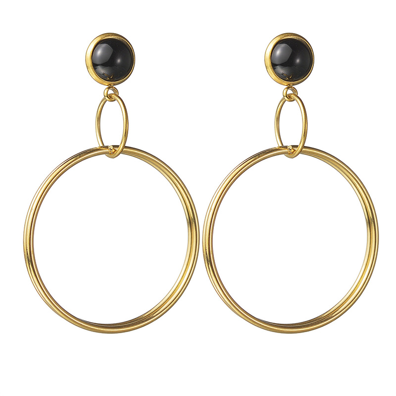 1 Pair Retro Simple Style Round Polishing Plating 304 Stainless Steel Black Natural Stone 18K Gold Plated Drop Earrings display picture 5