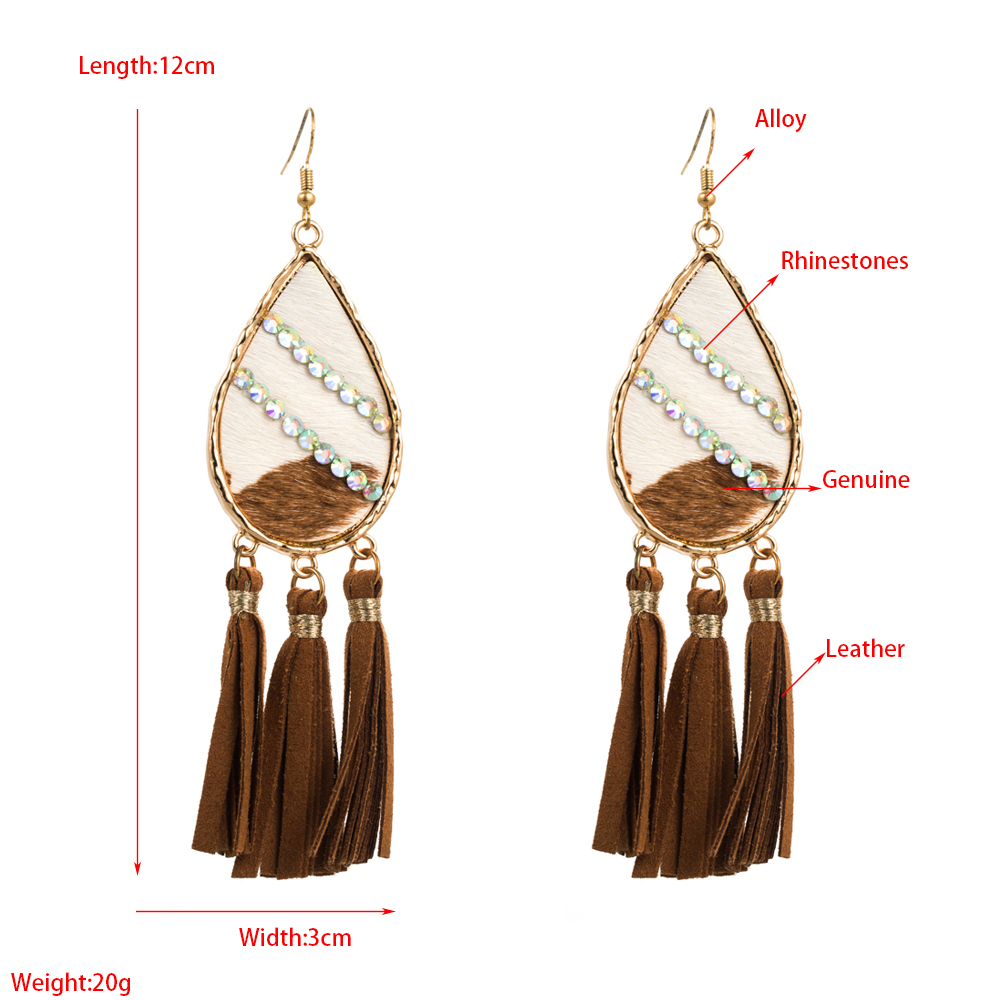 1 Pair Retro Simple Style Water Droplets Tassel Leopard Inlay Pu Leather Alloy Rhinestones Drop Earrings display picture 1
