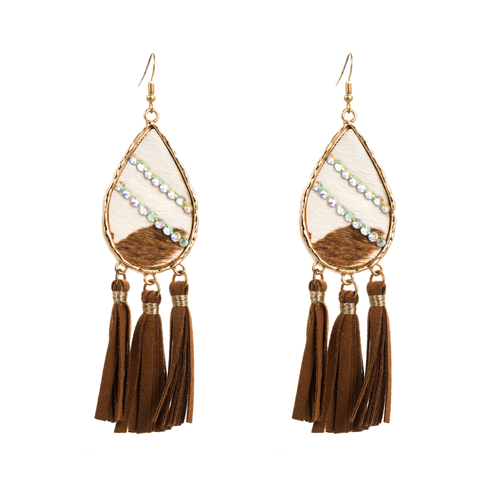 1 Pair Retro Simple Style Water Droplets Tassel Leopard Inlay Pu Leather Alloy Rhinestones Drop Earrings display picture 8