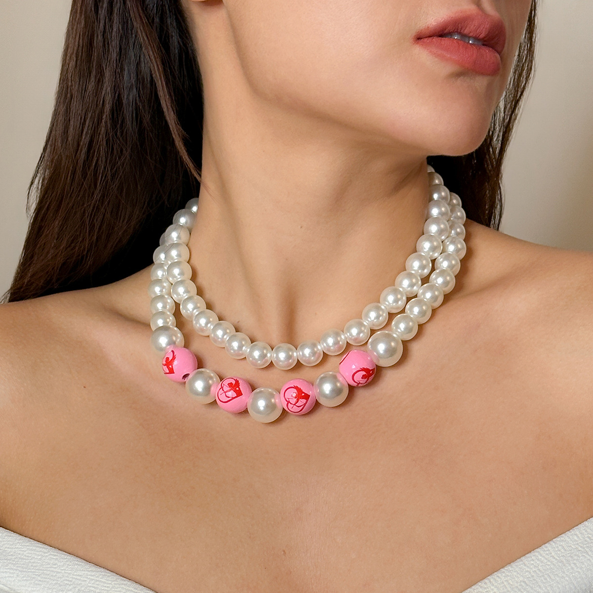 Sweet Color Block Imitation Pearl Wood Beaded Valentine's Day Women's Choker display picture 1