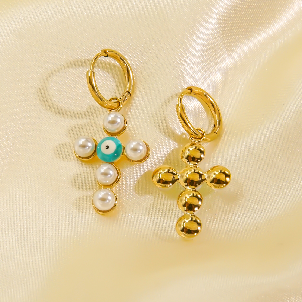 1 Pair Elegant Simple Style Cross Plating Inlay 304 Stainless Steel Pearl 14K Gold Plated Drop Earrings display picture 2