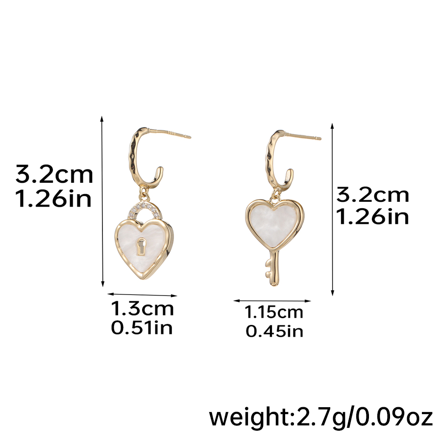 1 Pair Romantic Heart Shape Key Lock Plating Inlay Copper Rhinestones Shell 14k Gold Plated Drop Earrings display picture 7