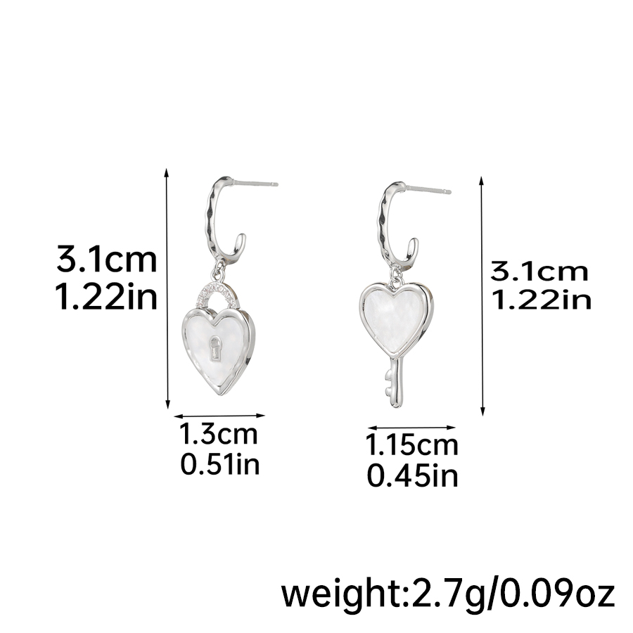 1 Pair Romantic Heart Shape Key Lock Plating Inlay Copper Rhinestones Shell 14k Gold Plated Drop Earrings display picture 5