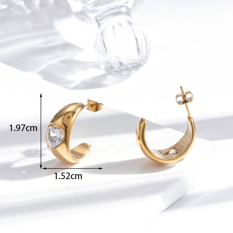 1 Pair French Style Simple Style C Shape Pentagram Heart Shape Inlay Stainless Steel Zircon 18k Gold Plated Hoop Earrings Drop Earrings Ear Studs display picture 3