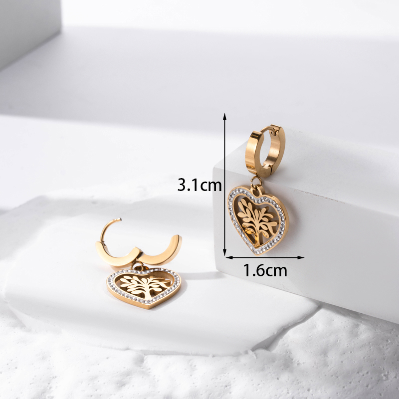 1 Pair French Style Simple Style Heart Shape Life Tree Plating Hollow Out Inlay Stainless Steel Zircon 18k Gold Plated Drop Earrings display picture 2