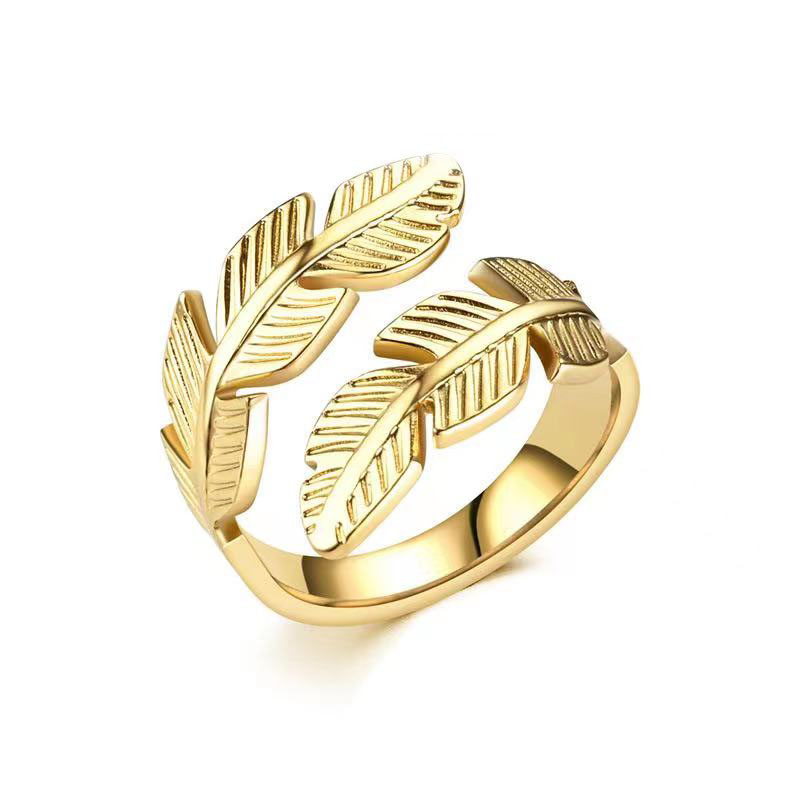 IG Style Leaves Titanium Steel 18K Gold Plated Open Rings In Bulk display picture 3