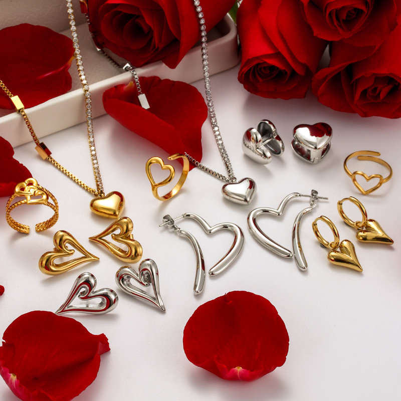 Simple Style Heart Shape Stainless Steel Plating 18k Gold Plated Rings Earrings display picture 11