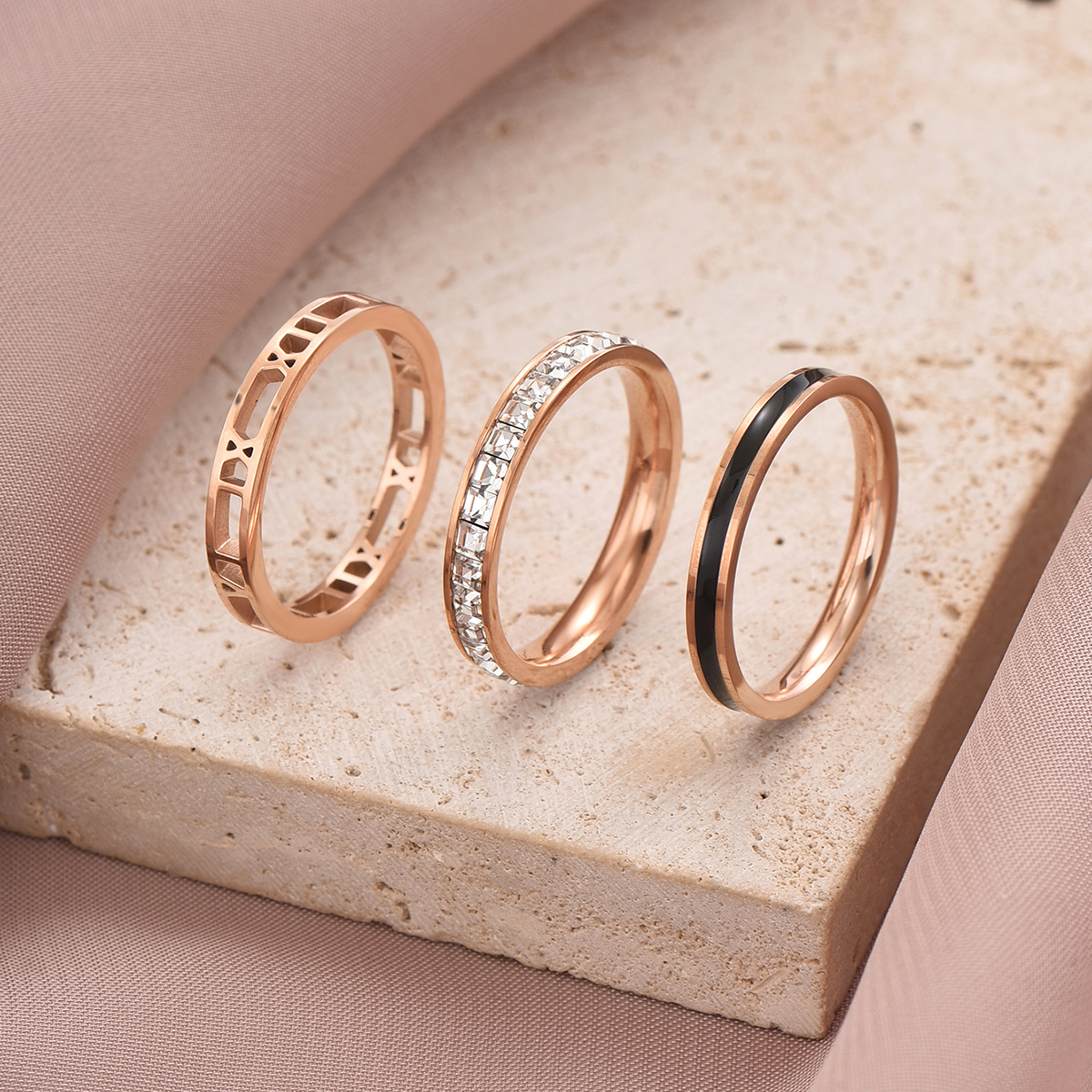 304 Stainless Steel 14K Gold Plated Rose Gold Plated IG Style Roman Style Shiny Enamel Plating Inlay Solid Color Roman Numeral Zircon Rings display picture 8