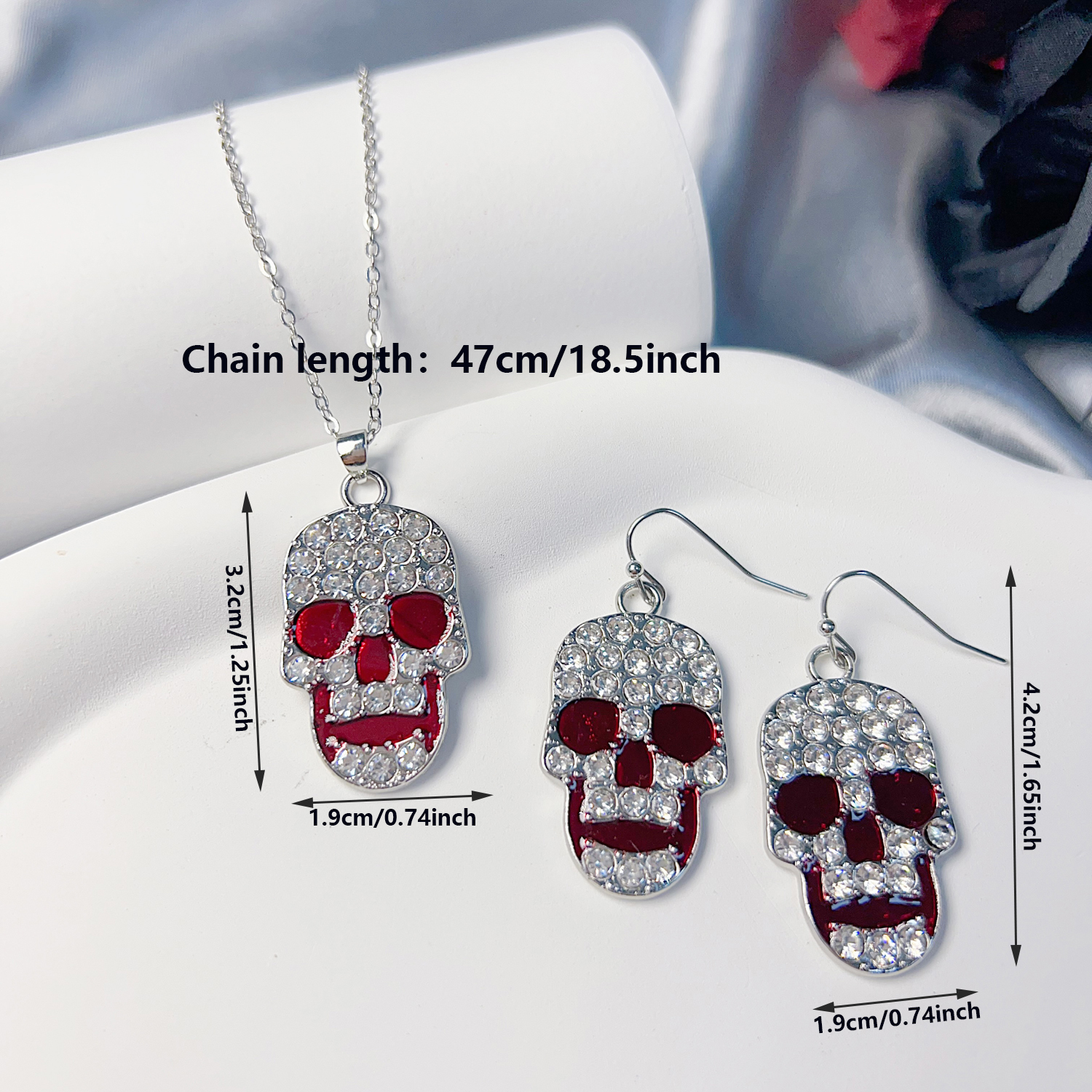 Elegant Vintage Style Heart Shape Rose Skull Metal Silver Plated Unisex Earrings Necklace display picture 1