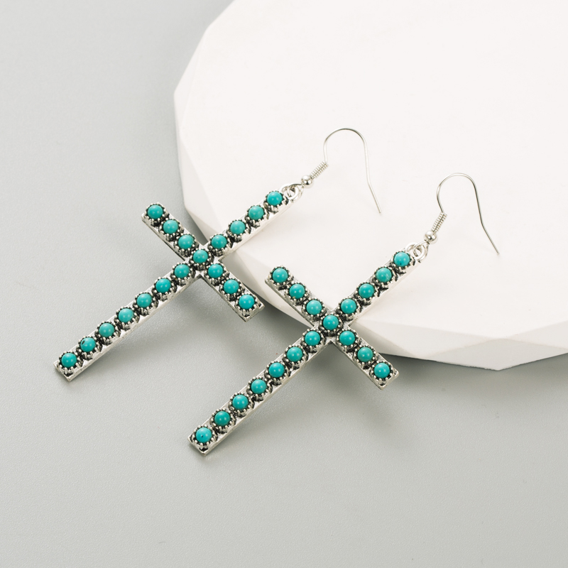1 Pair Elegant Cross Oval Plating Inlay Alloy Turquoise Silver Plated Ear Hook display picture 2