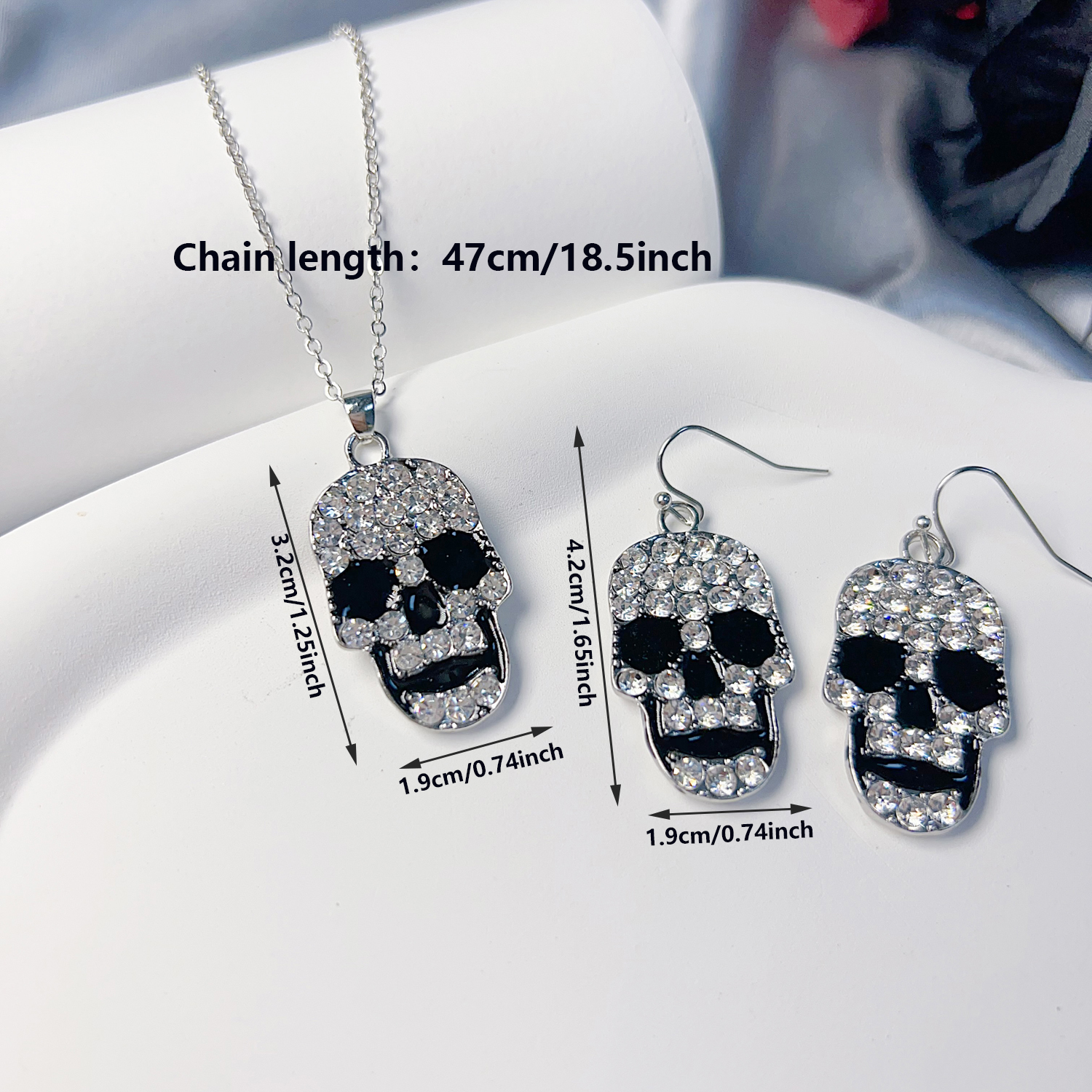 Elegant Vintage Style Heart Shape Rose Skull Metal Silver Plated Unisex Earrings Necklace display picture 8