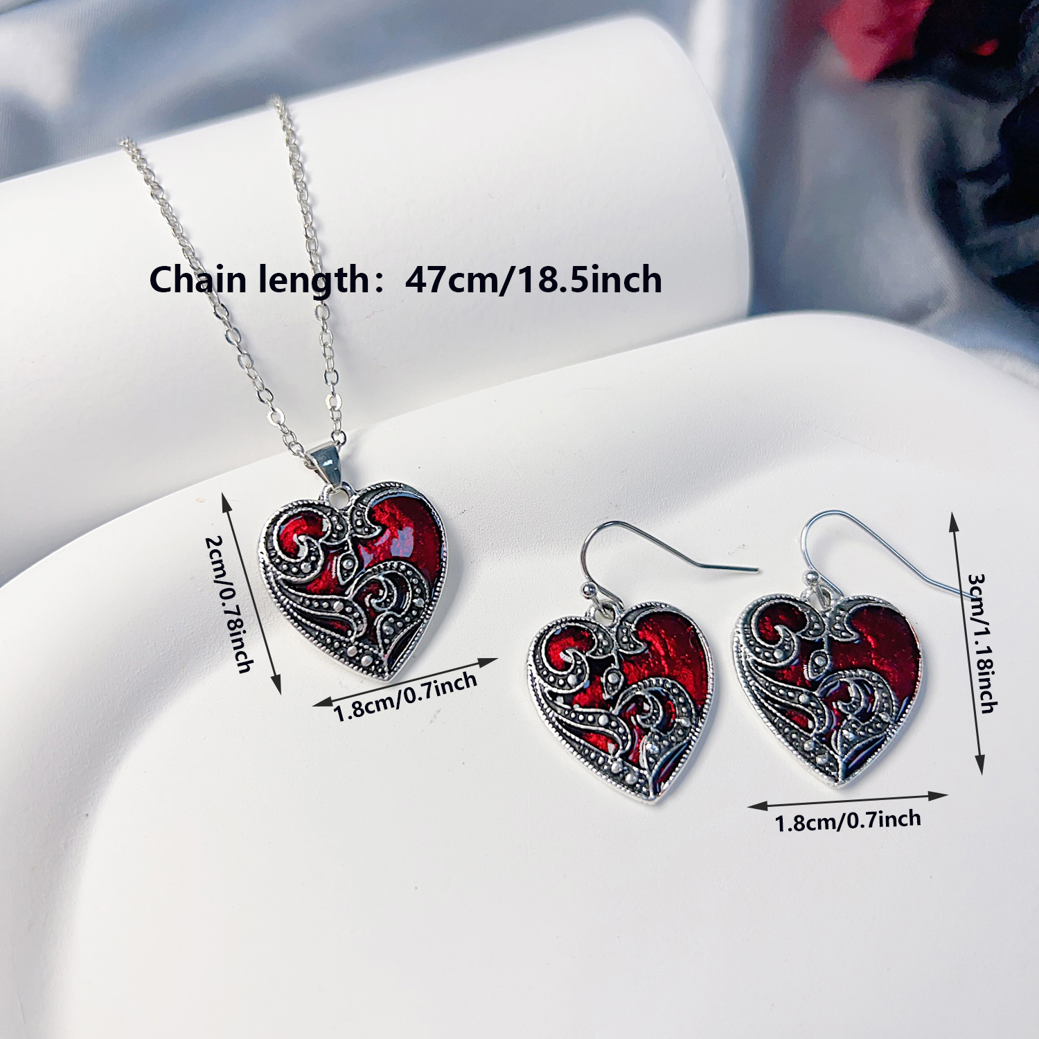 Elegant Vintage Style Heart Shape Rose Skull Metal Silver Plated Unisex Earrings Necklace display picture 12