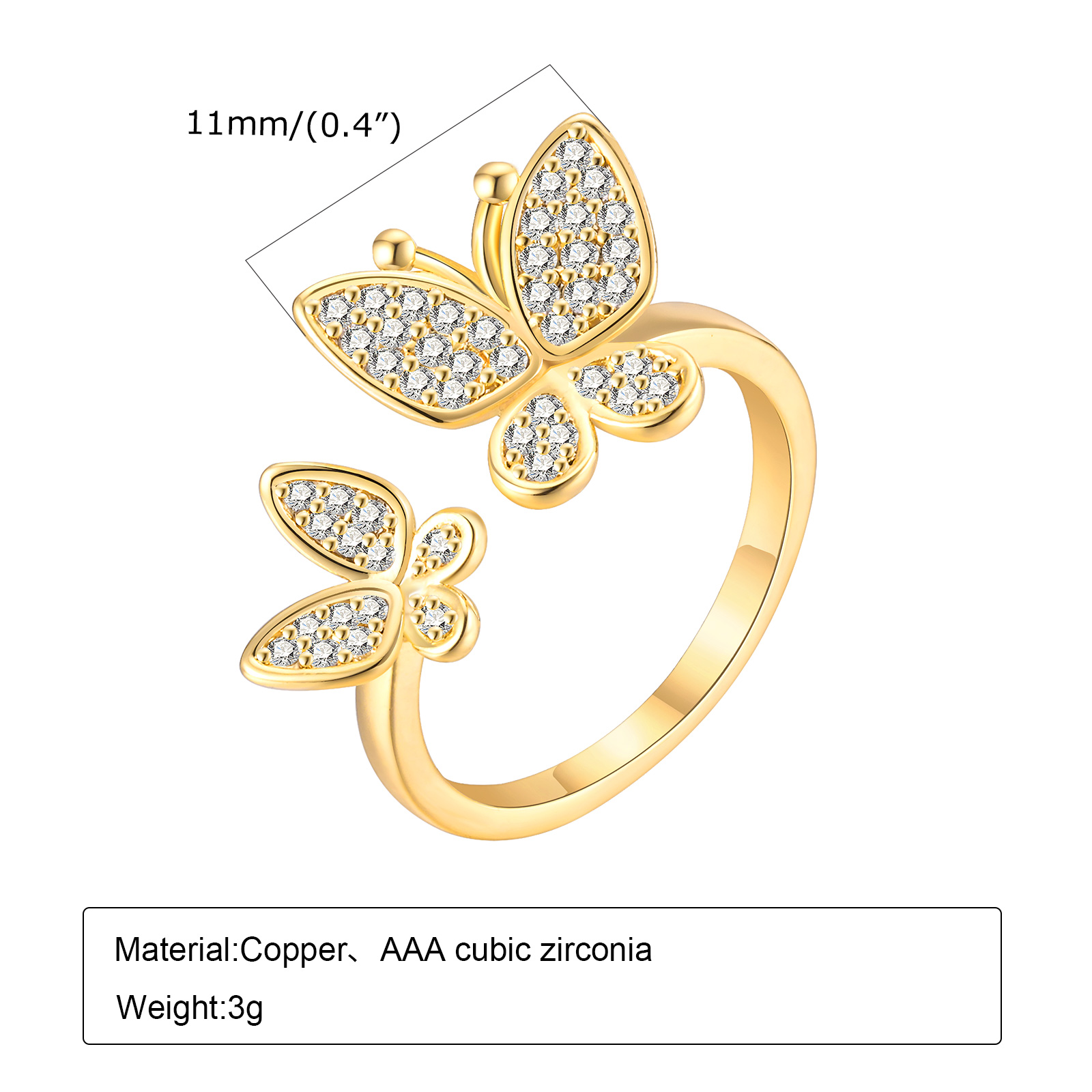 Copper 18K Gold Plated IG Style Shiny Butterfly Zircon Open Rings display picture 5