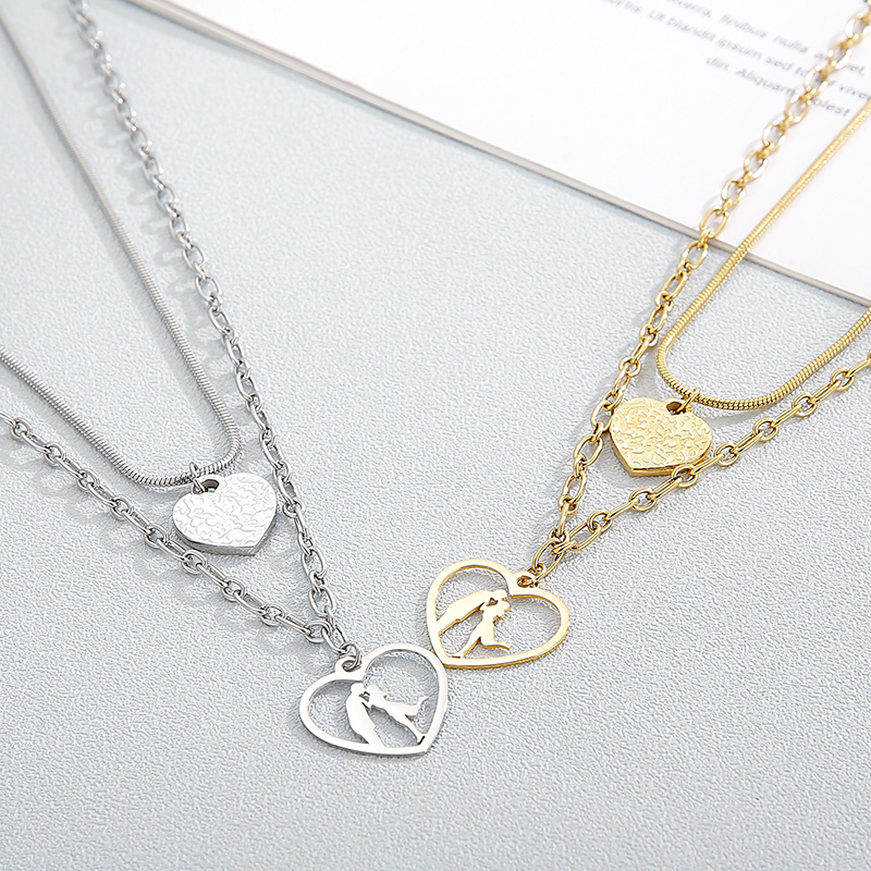 Titanium Steel 18K Gold Plated Simple Style Korean Style Hollow Out Heart Shape Double Layer Necklaces display picture 5