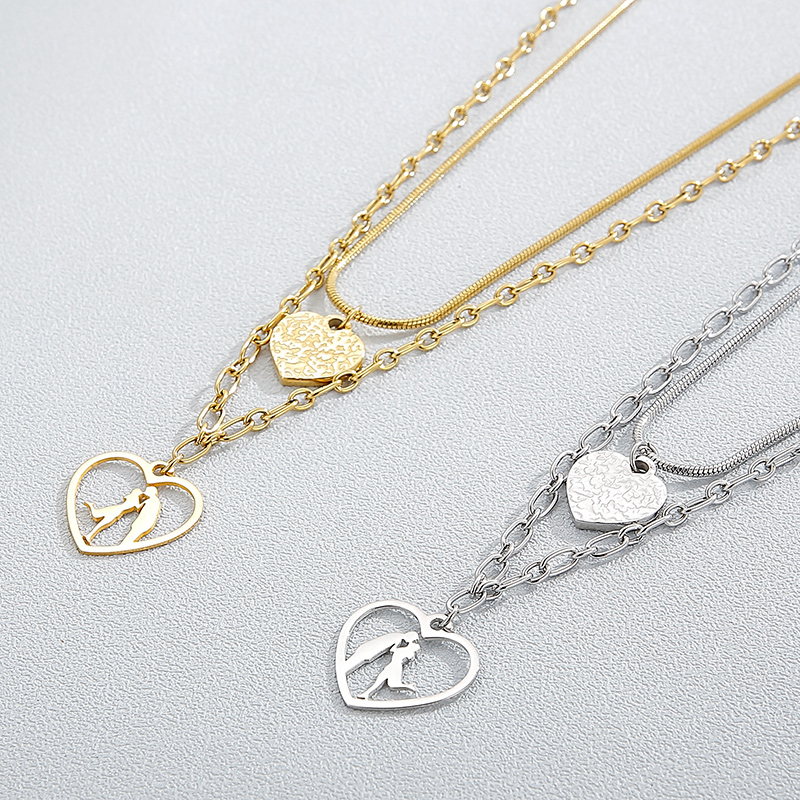 Titanium Steel 18K Gold Plated Simple Style Korean Style Hollow Out Heart Shape Double Layer Necklaces display picture 7
