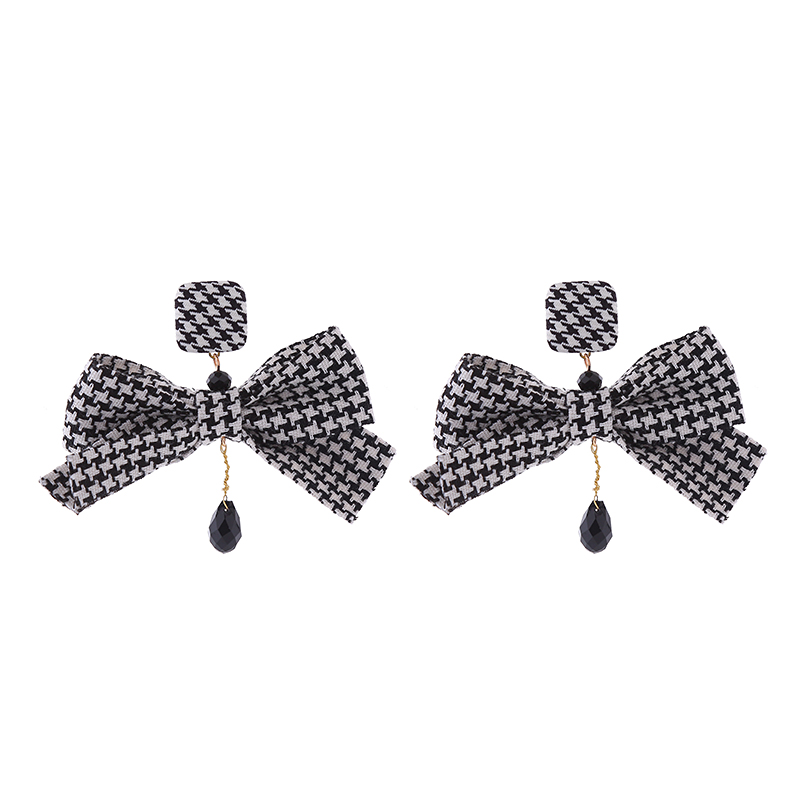 1 Pair Elegant Classic Style Houndstooth Bow Knot Inlay Alloy Cloth Artificial Crystal Gold Plated Drop Earrings display picture 6