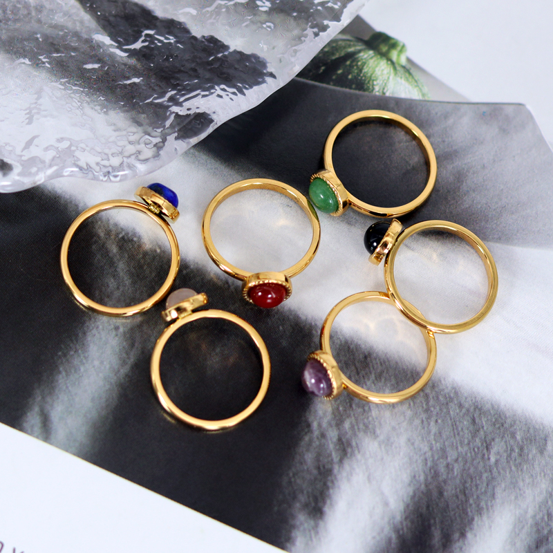 304 Stainless Steel 18K Gold Plated Simple Style Plating Inlay Round Natural Stone Agate Rings display picture 9
