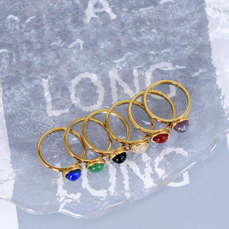 304 Stainless Steel 18K Gold Plated Simple Style Plating Inlay Round Natural Stone Agate Rings display picture 10
