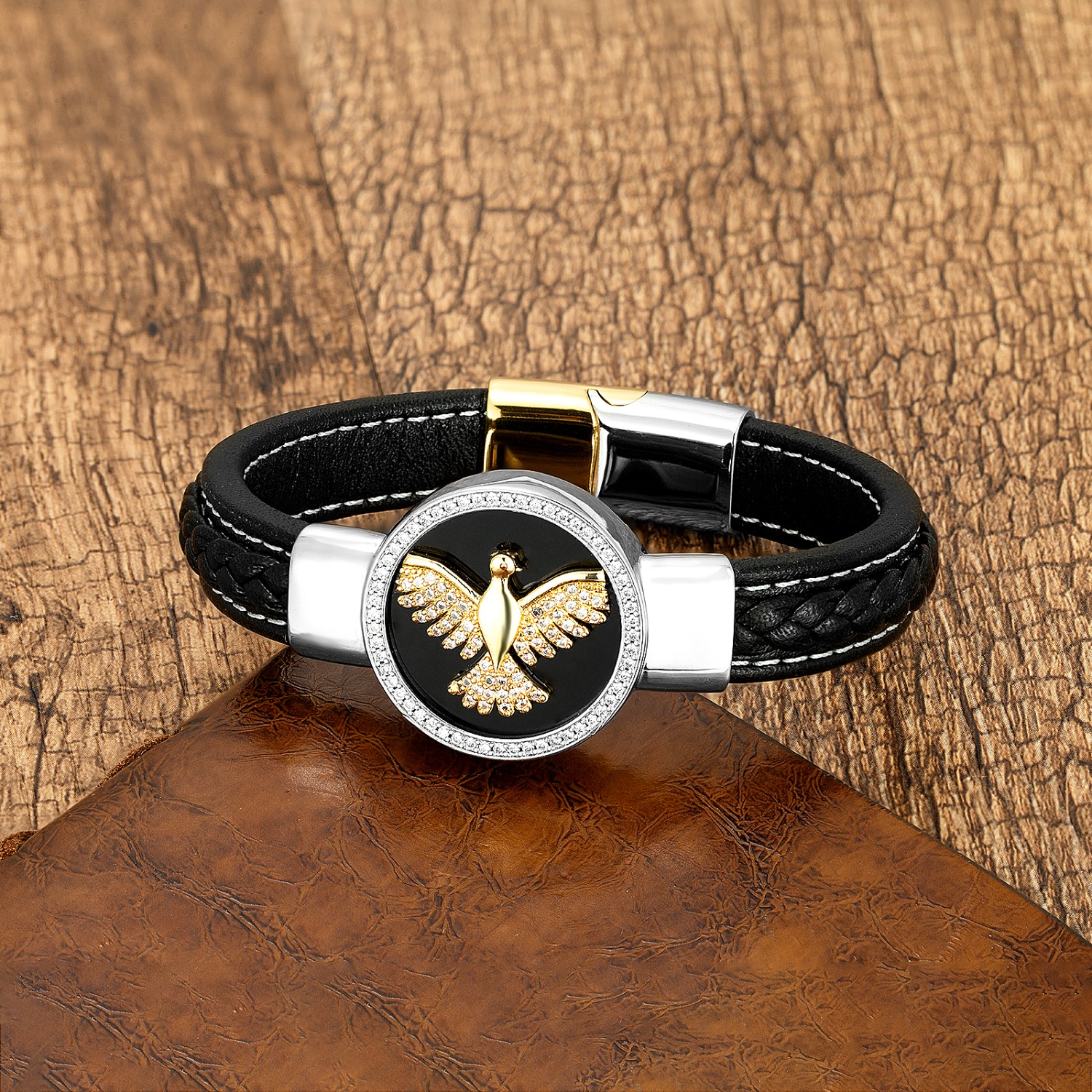 Luxuriös Punk Tier Rostfreier Stahl Pu-leder Kupfer Überzug Inlay Naturstein Zirkon Männer Armbänder display picture 3