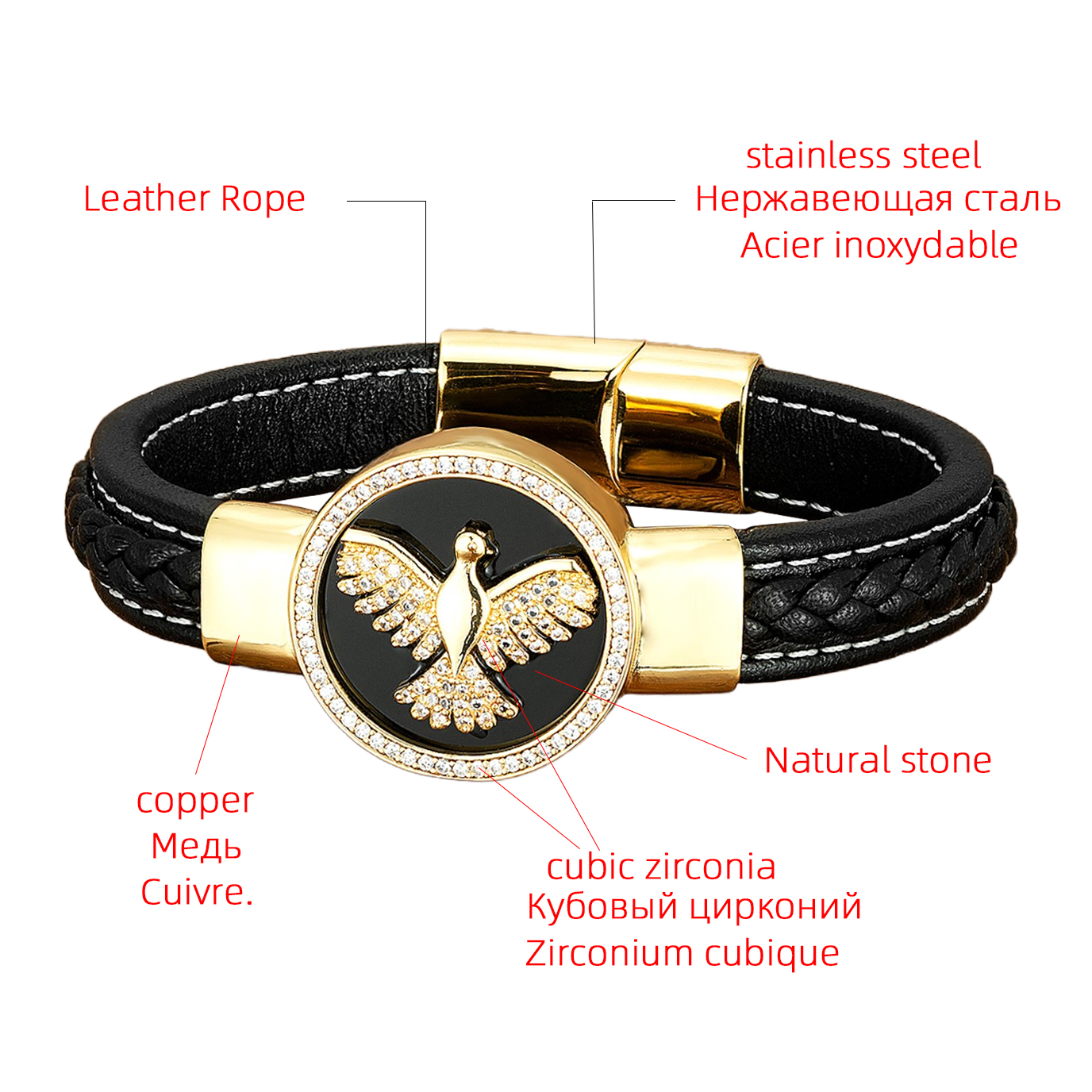 Luxuriös Punk Tier Rostfreier Stahl Pu-leder Kupfer Überzug Inlay Naturstein Zirkon Männer Armbänder display picture 5