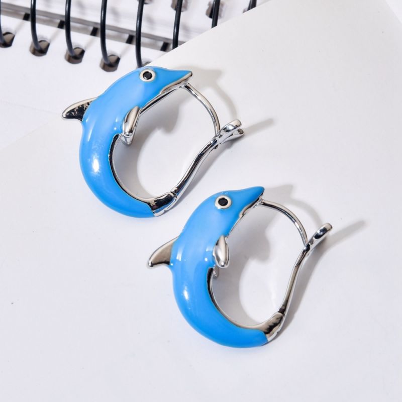 1 Pair Cute Dolphin Enamel Plating Copper White Gold Plated Earrings display picture 1