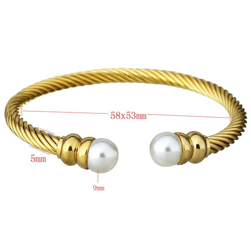 Estilo Simple Geométrico Acero Inoxidable Enchapado Embutido Perlas Artificiales Chapado En Oro Pulsera De Cable Trenzado Brazalete display picture 4