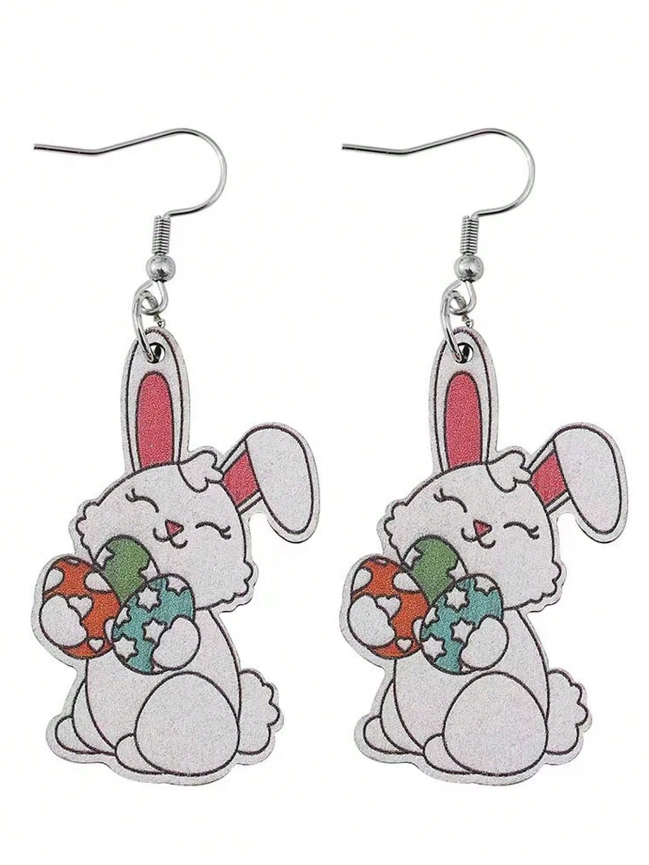 1 Pair Cute Rabbit Printing Wood Drop Earrings display picture 2