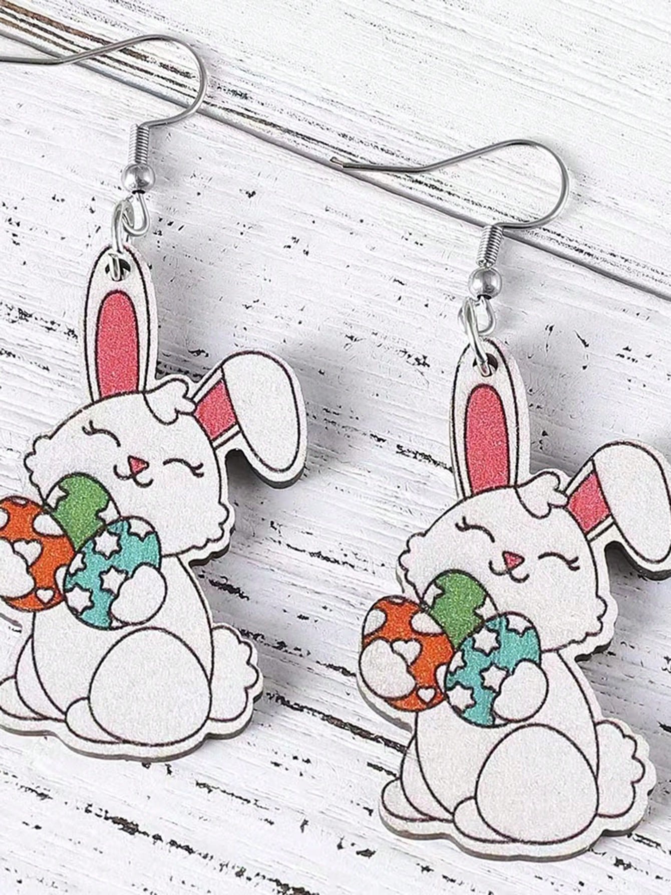 1 Pair Cute Rabbit Printing Wood Drop Earrings display picture 5