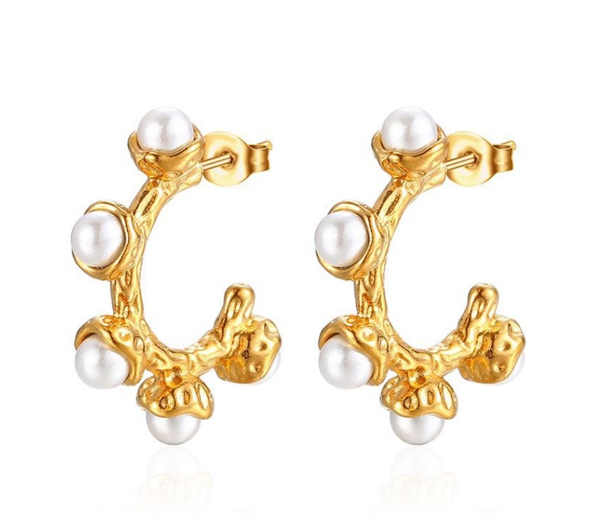1 Pair Retro C Shape Plating Inlay Titanium Steel Pearl 18k Gold Plated Ear Studs display picture 2
