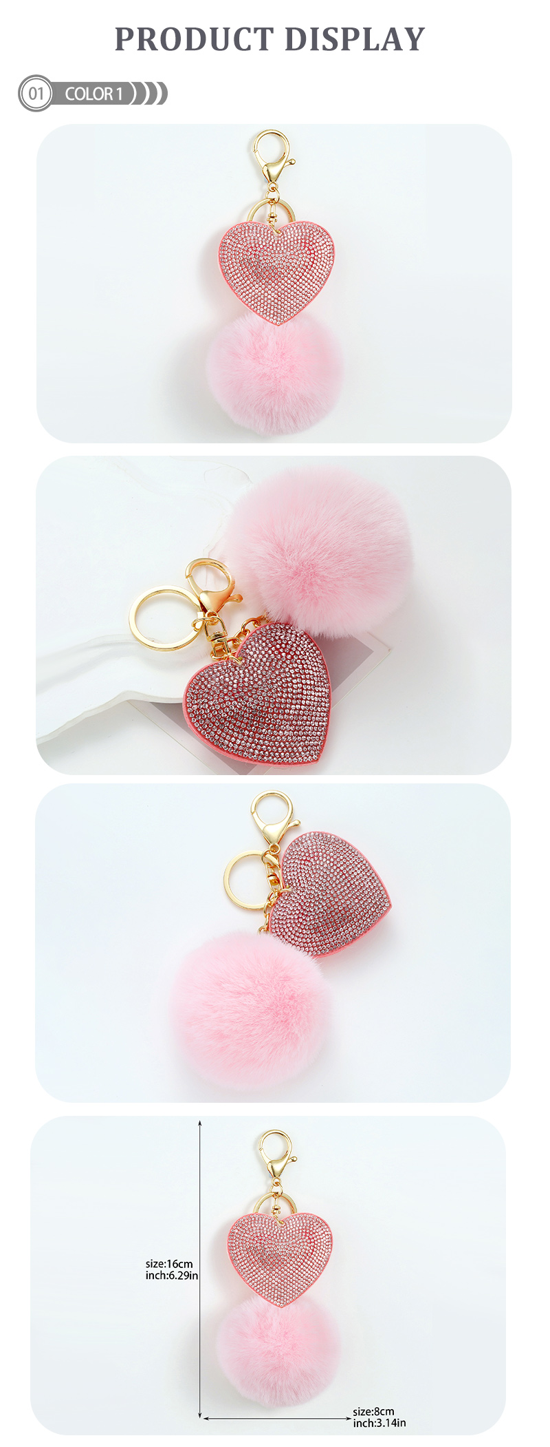 Cute Heart Shape Plush Korean Velvet Epoxy Inlay Rhinestones Bag Pendant Keychain display picture 2