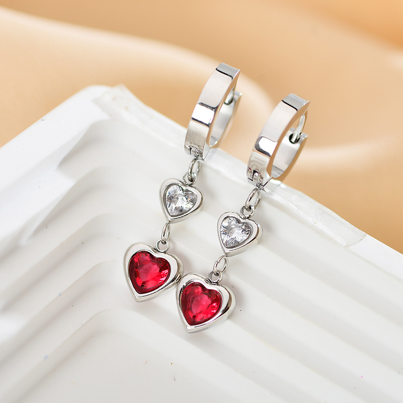 1 Pair Simple Style Heart Shape Plating Inlay Stainless Steel Zircon Drop Earrings display picture 7