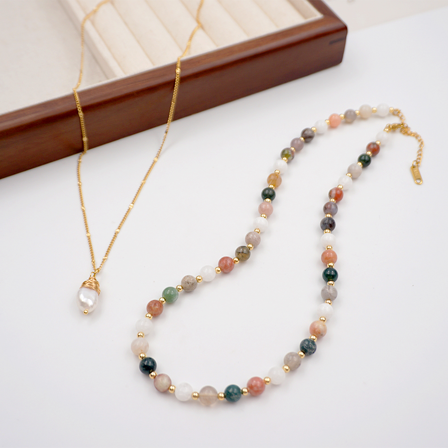 304 Stainless Steel Freshwater Pearl Agate Gold Plated Elegant Vintage Style Beaded Plating Geometric Necklace display picture 3