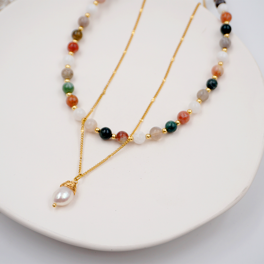 304 Stainless Steel Freshwater Pearl Agate Gold Plated Elegant Vintage Style Beaded Plating Geometric Necklace display picture 4