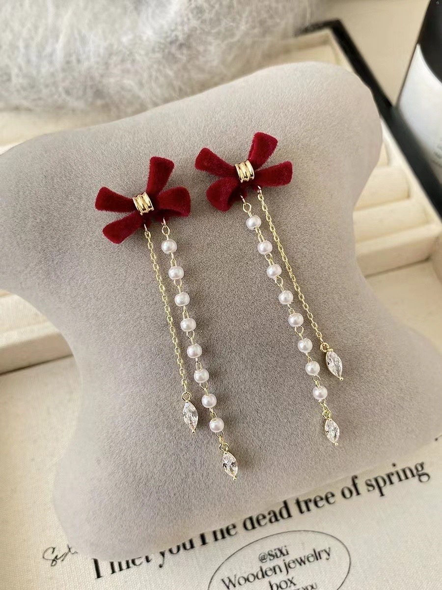 1 Paire Style Ig Sucré Noeud D'arc Placage Incruster Alliage Perles Artificielles Strass Boucles D'oreilles display picture 4