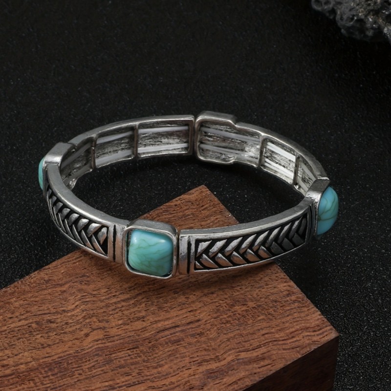 Retro Bohemian Square Alloy Plating Inlay Carving Turquoise Women's Bangle display picture 2