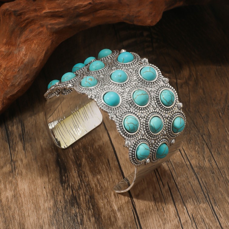 Retro Ethnic Style Bohemian Round Metal Plating Inlay Turquoise Women's Bangle display picture 6