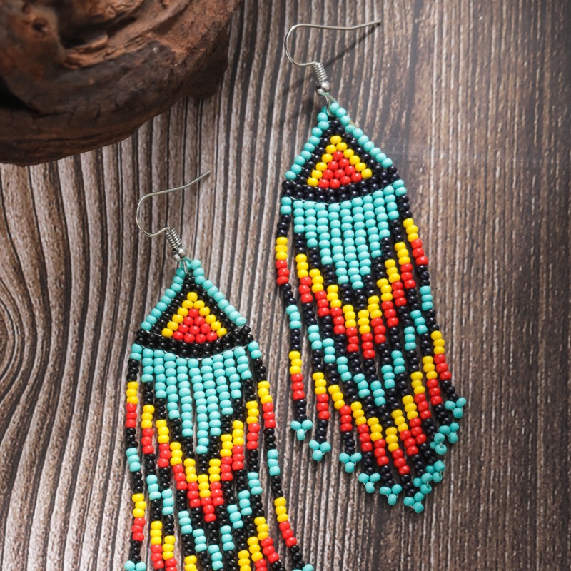 1 Pair Retro Bohemian Color Block Tassel Beaded Seed Bead Drop Earrings display picture 5