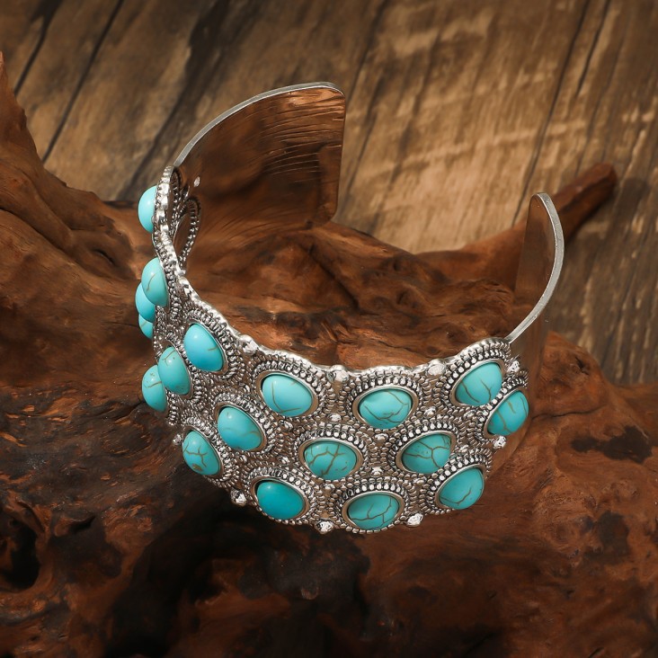 Retro Ethnic Style Bohemian Round Metal Plating Inlay Turquoise Women's Bangle display picture 7