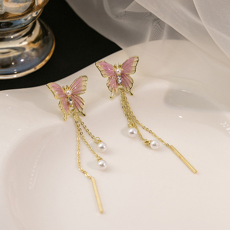 1 Pair Sweet Simple Style Butterfly Tassel Pearl Alloy Drop Earrings display picture 3