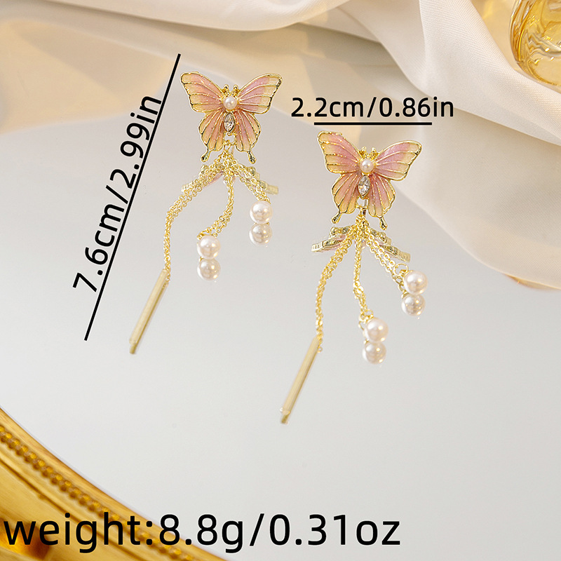 1 Pair Sweet Simple Style Butterfly Tassel Pearl Alloy Drop Earrings display picture 6